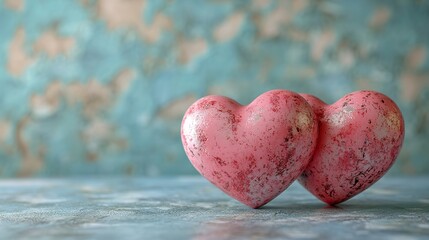 Fototapeta premium Creating an elegant and minimalist scene perfect for celebrating love on Valentine's Day, two pink hearts rest on a marble table against a light blue textured background.
