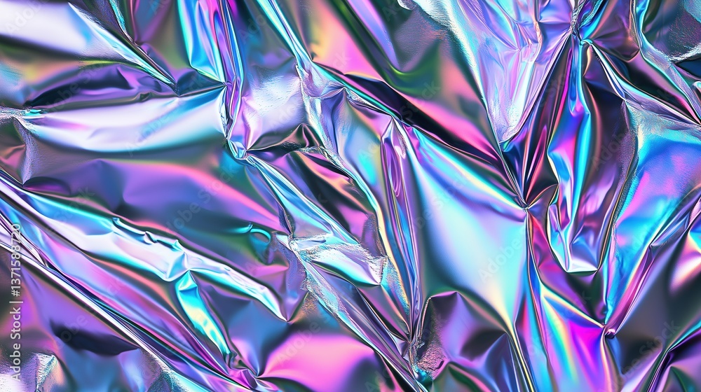 Poster iridescent holographic foil material with crumpled metallic texture background, creating a vibrant r