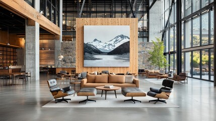 Modern industrial open-plan lounge area with mountain painting