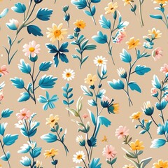 A vibrant floral pattern featuring various colorful flowers and leaves on a soft beige background, perfect for any nature-inspired project.