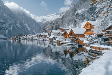 Fototapeta premium Snowy Village by the Lake