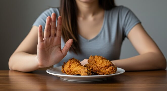 A young woman of Asian descent declines fried chicken on a plate, showcasing a moment of mindful eating and personal dietary choices in a neutral setting.