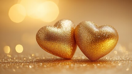 Evoking feelings of love, romance, and the spirit of Valentine's Day, two shiny golden hearts stand next to each other on a soft light yellow background.