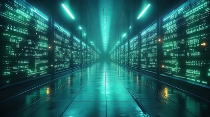 Futuristic data center corridor with green code screens and neon lights. Server room filled with digital panels showing binary data, tech-forward interior view.
