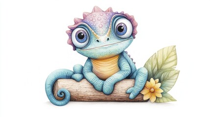 Whimsical Teal And Purple Chameleon Illustration On Log With Flower