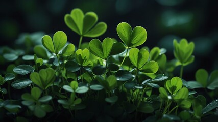 Close-up view of vibrant green clover leaves with heart-shaped patterns, set against a soft, blurred background, evoking a feeling of tranquility.