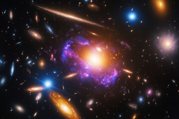 an antimatter explosion in deep space, showcasing a vibrant mix of radiant colors and pulsating waves against a backdrop of distant galaxies