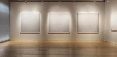 Three blank white frames hang symmetrically on the wall in an art gallery illuminated by spotlights