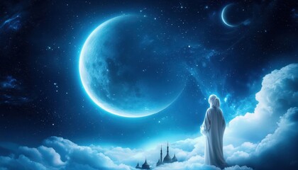 Ethereal Moonlit Night: A tranquil figure gazes at the moon in a dreamy skyscape filled with clouds and stars.