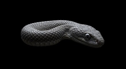 Fototapeta premium A captivating detailed close-up of an exotic dark snake against black background