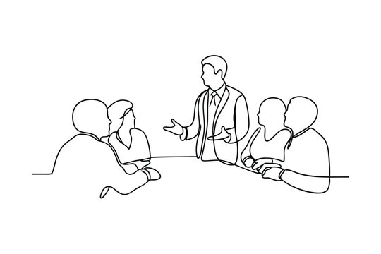 One line Drawing Business Meeting, Team Discussion, Leader Presenting