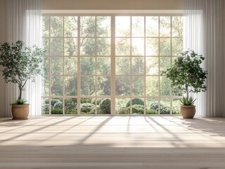 Fototapeta premium Modern Empty Living Room with Large Windows and Wooden Floor Overlooking Nature