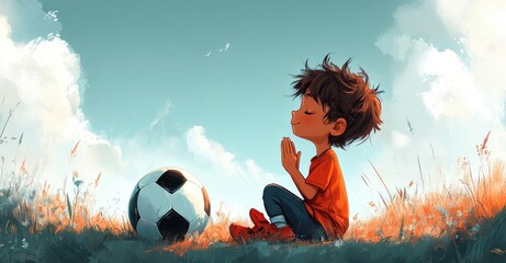 Young Boy Praying with Soccer Ball First Communion Celebration