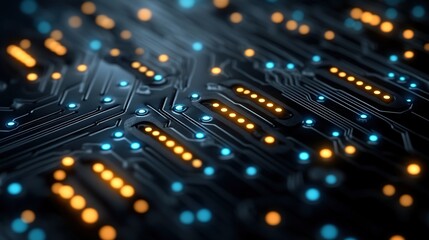 Close-up view of electronic circuit board with blue and orange lights. Detailed tech scene showing glowing digital components and intricate circuit lines.

