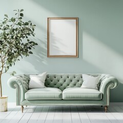 Elegant living room interior featuring a tufted sofa and art