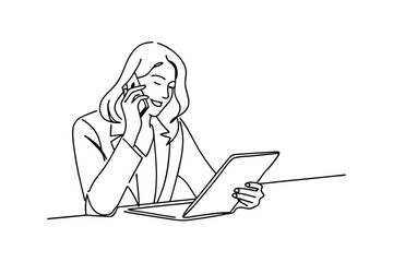 Businesswoman multitasking phone call tablet laptop office work productivity