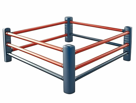 3D Illustration Of Empty Boxing Ring With Red Ropes And Blue Posts