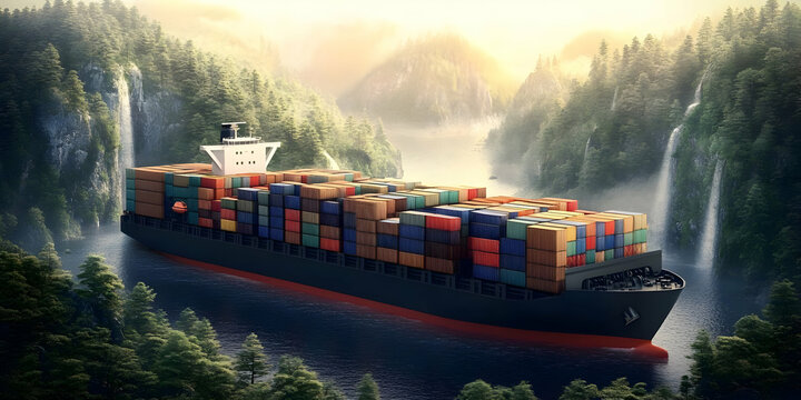 3D Illustration of a Cargo Ship Navigating a Lush Waterfall River in Nature