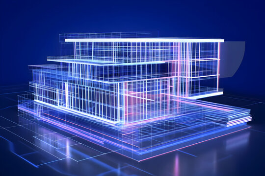 3D Rendered Architectural Illustration of a Futuristic Digital Structure in Blue Tones