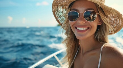 Smiling Woman in Sunglasses and Hat on a Boat