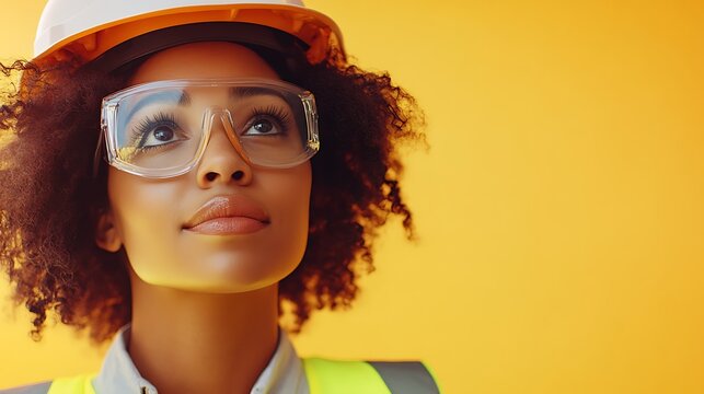Female construction worker wearing safety vest and hard hat, close-up, high-resolution, soft yellow background, professional construction industry --ar 16:9