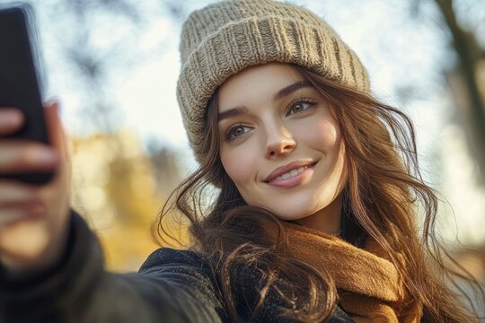 young woman taking selfie in urban park autumn leaves
