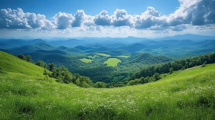 Obraz premium Green hills, meadows, Blue Ridge Mountains, a breathtaking vista.