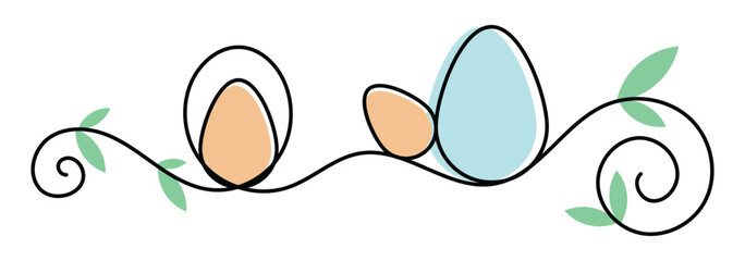 One line drawing. Abstract decorative horizontal ornament with easter color eggs, stem and leaves. Beautiful hand drawn easter eggs. Happy easter border design element. egg icon. happy easter icon. 