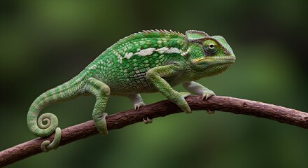 Elegant panther chameleon rests on a branch amid lush greenery outdoor
