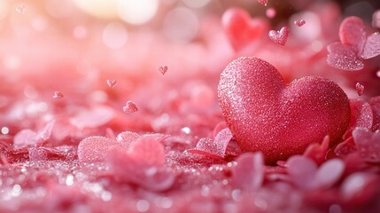 Obraz premium Hearts and confetti fall on pink, a romantic scene.