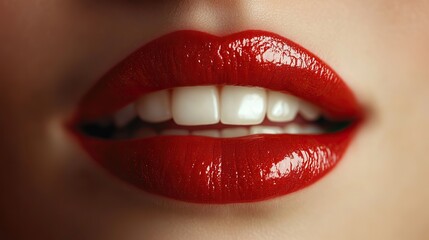 Obraz premium Horizontal banner glossy red lips, slightly parted, white teeth.