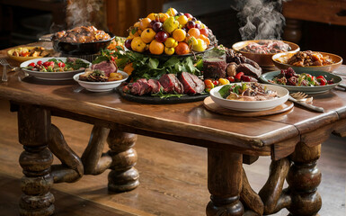 Abundant Feast Table with Roasted Meat Fruit Platter and Steaming Dishes