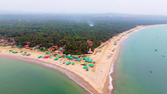 Drone Shot peaceful coast lined Along tall palms