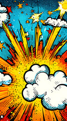 Abstract Pixelated Explosion Comic Style Burst of Energy with Yellow Orange and Blue Sky Background