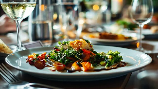 Elegant Plated Dinner with Roasted Vegetables and White Wine