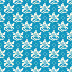 Damask fabric pattern on a blue background, white main pattern, gives a luxurious feel, suitable for interior decoration, wallpaper, curtains, tablecloths, bedding and fashion and textile clothing.
