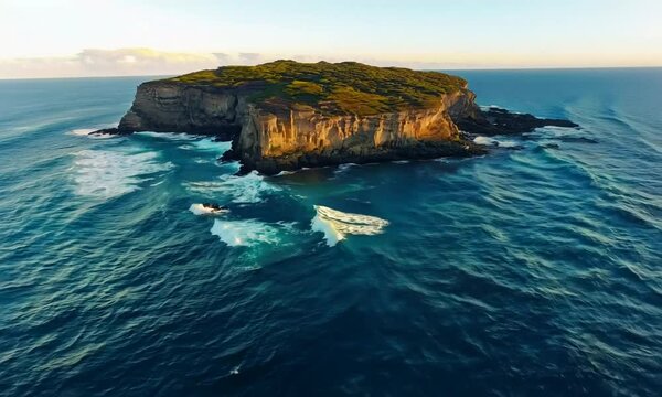 aerial view from flying drone of rocky island in Atlantic ocean