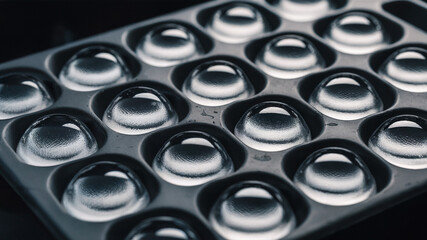 Closeup of Lenses in a Black Tray Industrial Optics Manufacturing Detail