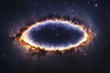 mysterious dark matter halo painted with hues of violet and gold, and scattered light from nearby star clusters
