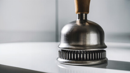 Elegant Brushed Metal Bell with Wooden Handle on White Surface