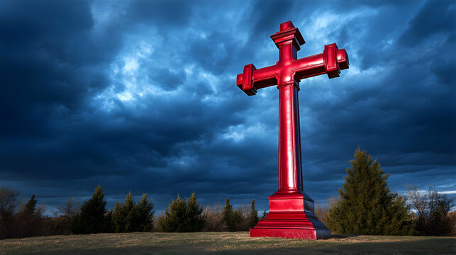 Dramatic Red Cross Monument Under Cloudy Blue Sky Photo