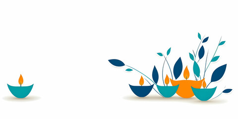 Obraz premium Diwali Illustration of Oil Lamps in Teal Orange and Blue on White