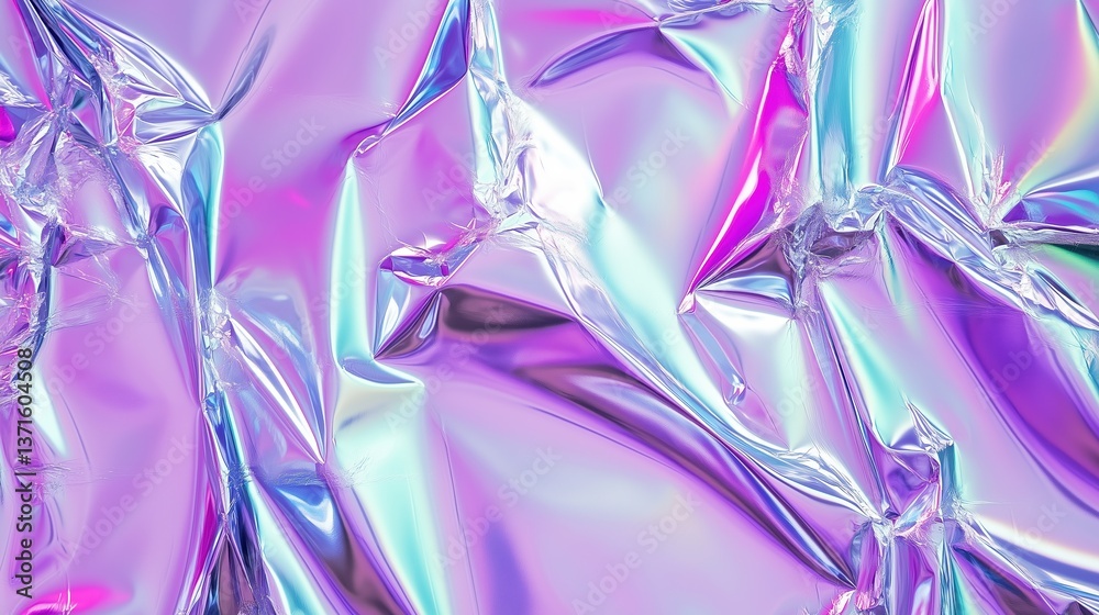 Poster holographic silver foil crumpled paper background with iridescent hologram effect, bright pastel col