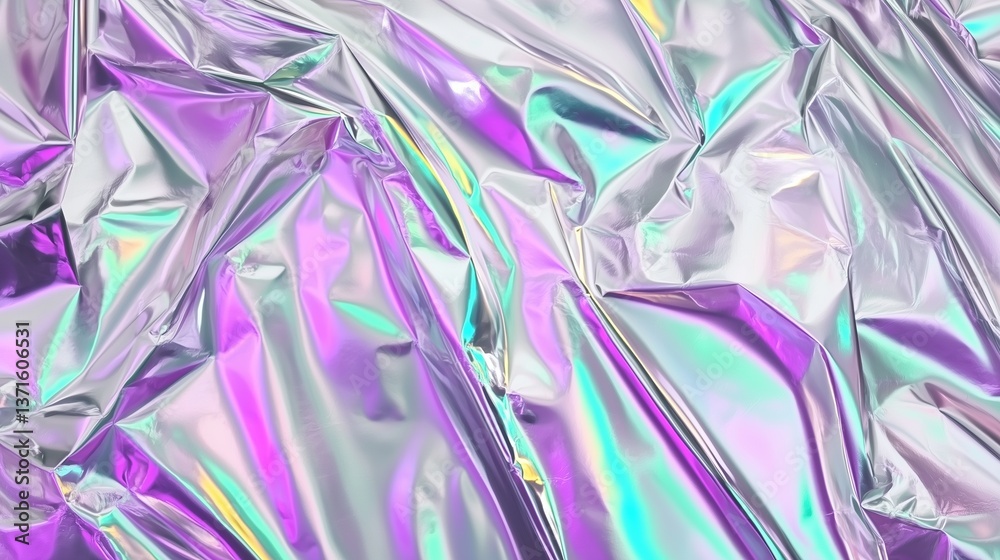 Poster holographic silver foil crumpled paper background with iridescent hologram effect, bright pastel col