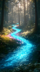 Fototapeta premium Enchanted Forest Stream with Glowing Water and Sunlight Photo