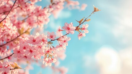 Obraz premium Beautiful gentle natural spring background with blooming tree branches with pink flowers against the blue sky, ultra wide banner format.