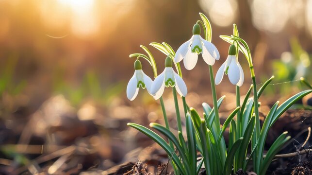 Beautiful gentle spring background with snowdrop flowers in nature.