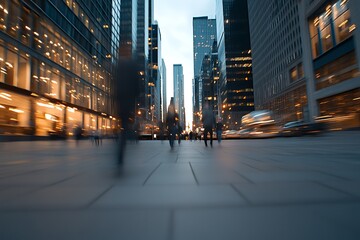 Busy corporate plaza with motion blur, people walking fast, energetic urban environment in cinematic style, bustling business district
