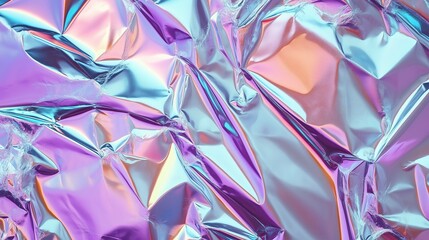 Holographic silver foil crumpled paper background with iridescent hologram effect, bright pastel colors, metallic texture, and dynamic light refraction reflections. Flat lay style composition with amp
