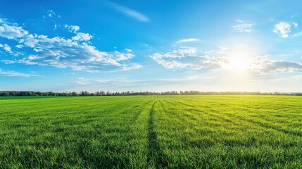 Obraz premium Beautiful natural scenic panorama green field of cut grass into and blue sky with clouds on horizon. Perfect green lawn on summer sunny day.